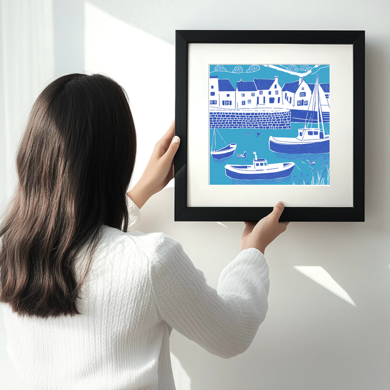 Brixham Harbour, Devon Linoprint-Style Art (1081-1)