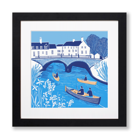 Cambridge punts and bridges Linoprint-Style Art (841-1)