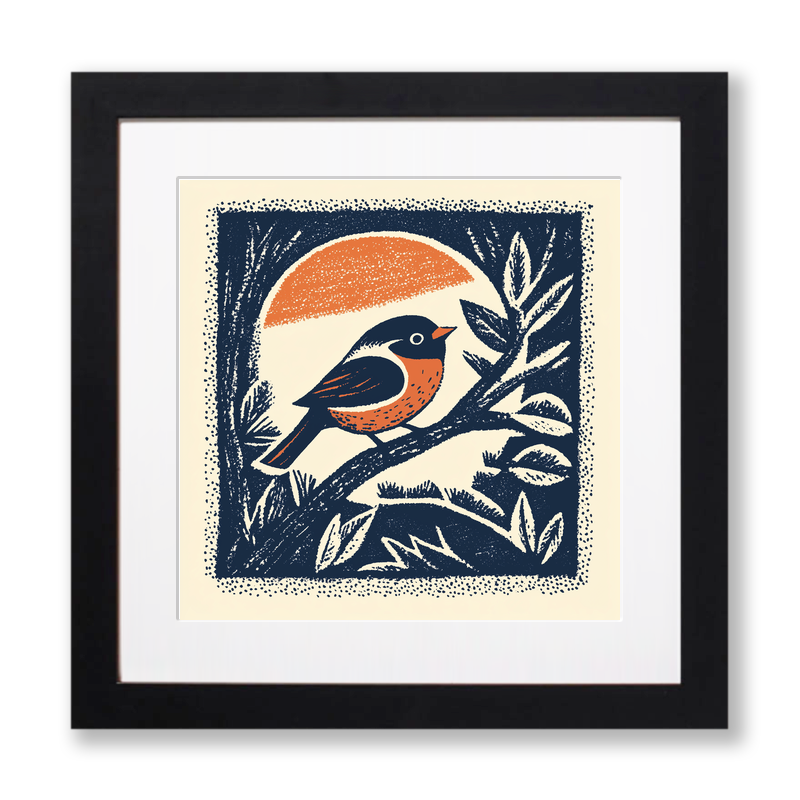Cute Baby Robin Linoprint-Style Art (45-1)