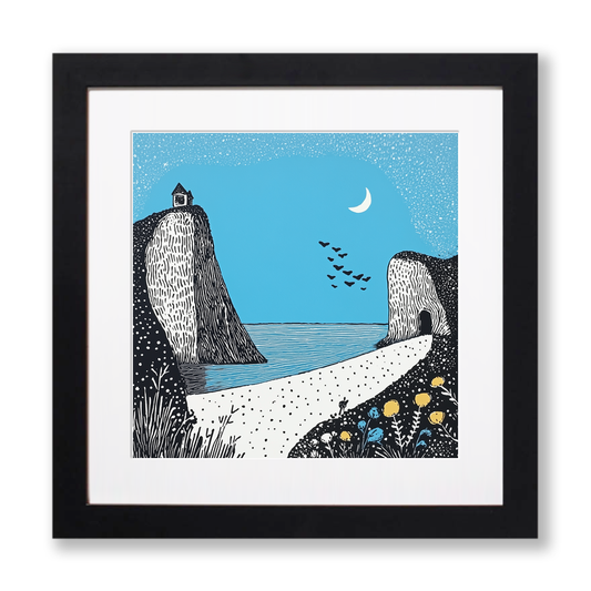 Beer Beach, Devon Linoprint-Style Art (787-2)