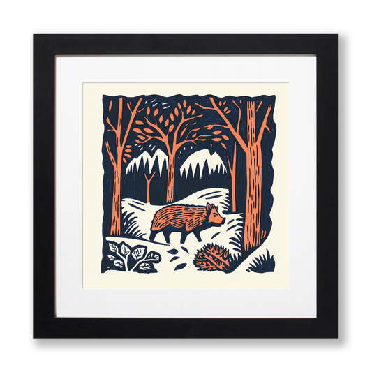 Wild boar in forest Linoprint-Style Art (117-3)