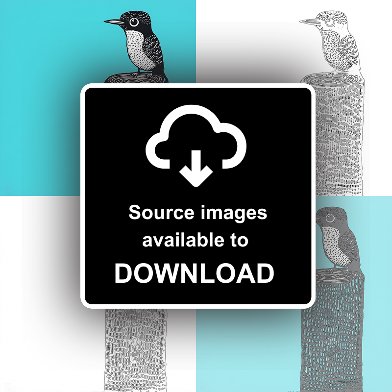 Woodpecker on tree trunk Linoprint-Style Art (741-1)