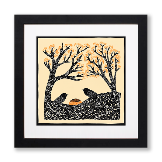 Brambles with birds nesting Linoprint-Style Art (248-1)