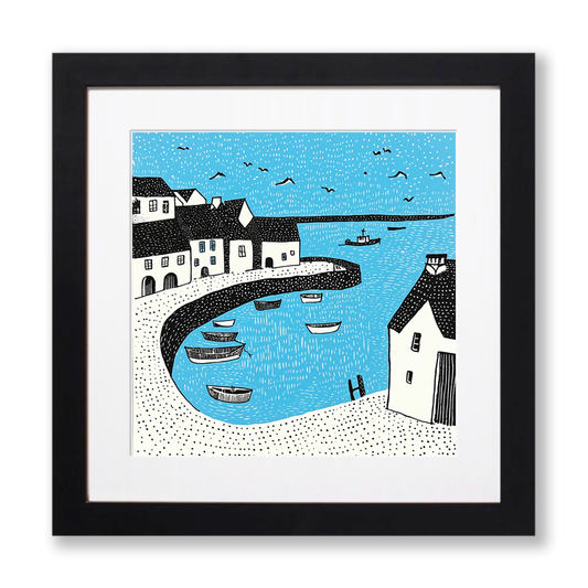 Mousehole Harbour, Cornwall Linoprint-Style Art (805-1)