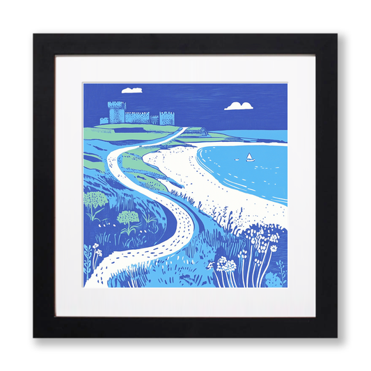 Bamburgh Beach and Castle, Northumberland Linoprint-Style Art (1076-1)