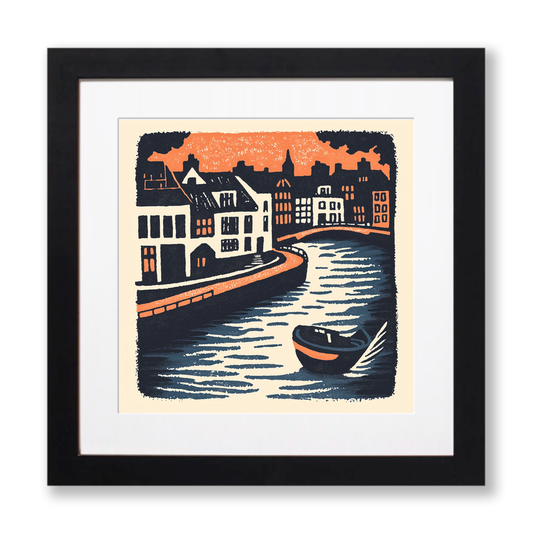 Amsterdam canal at twilight Linoprint-Style Art (2-4)
