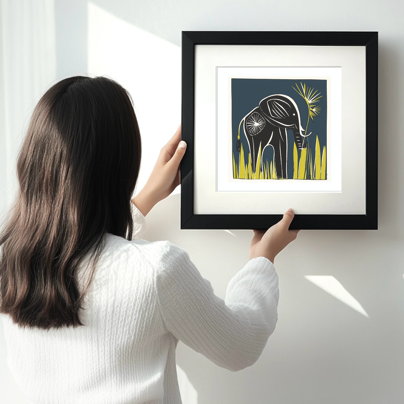 Cute Elephant Calf Linoprint-Style Art (1201-1)