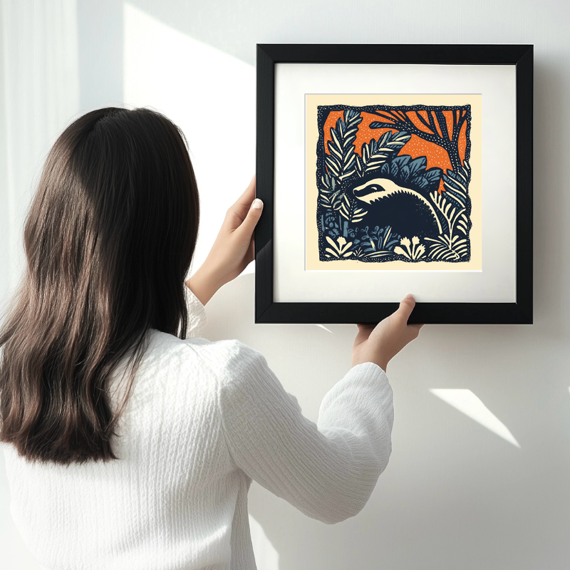 Cute Baby Badger Linoprint-Style Art (43-2)