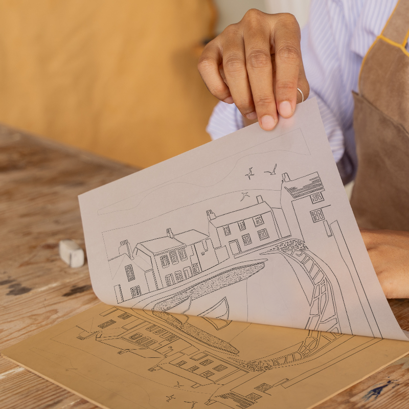 Mousehole Harbour Linoprint-Style Art (1182-2)