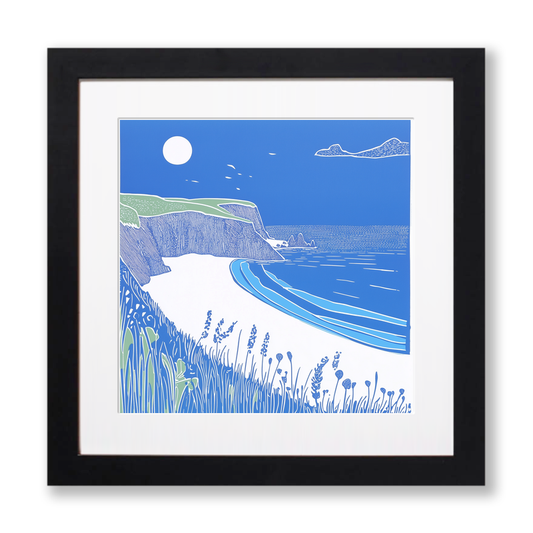 Porthcurno Beach Linoprint-Style Art (895-1)