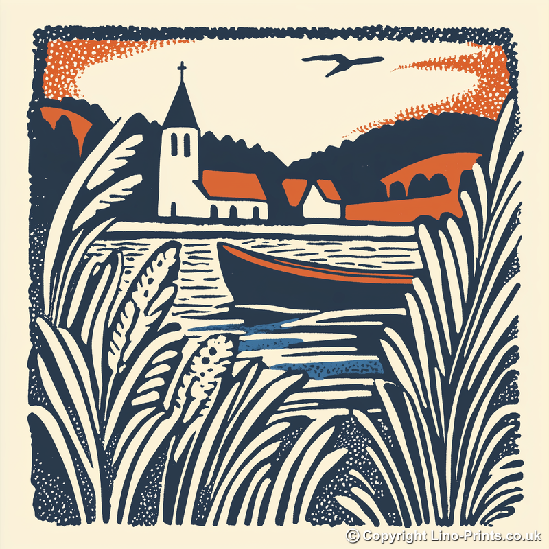 Distant church spire over the reeds Linoprint-Style Art (1980-1)