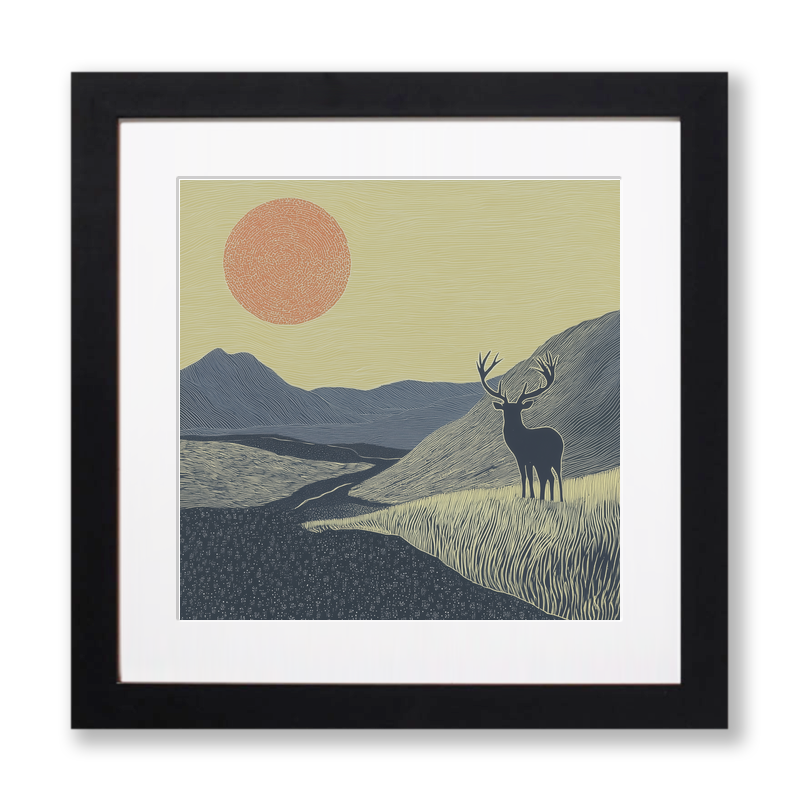 Stag silhouette on a ridge line Linoprint-Style Art (2559-3)
