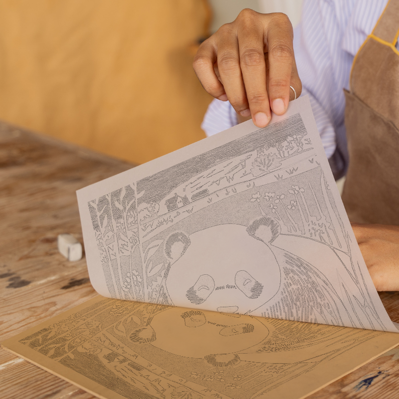 Cute Panda Cub (Giant Panda) Linoprint-Style Art (926-2)