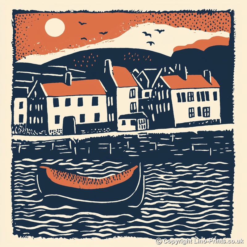 Whitby Harbour, North Yorkshire Linoprint-Style Art (162-2)