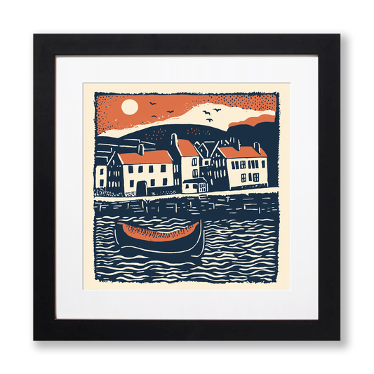 Whitby Harbour, North Yorkshire Linoprint-Style Art (162-2)