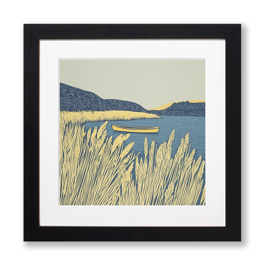 Canoe in reeds at Elterwater Linoprint-Style Art (2380-2)
