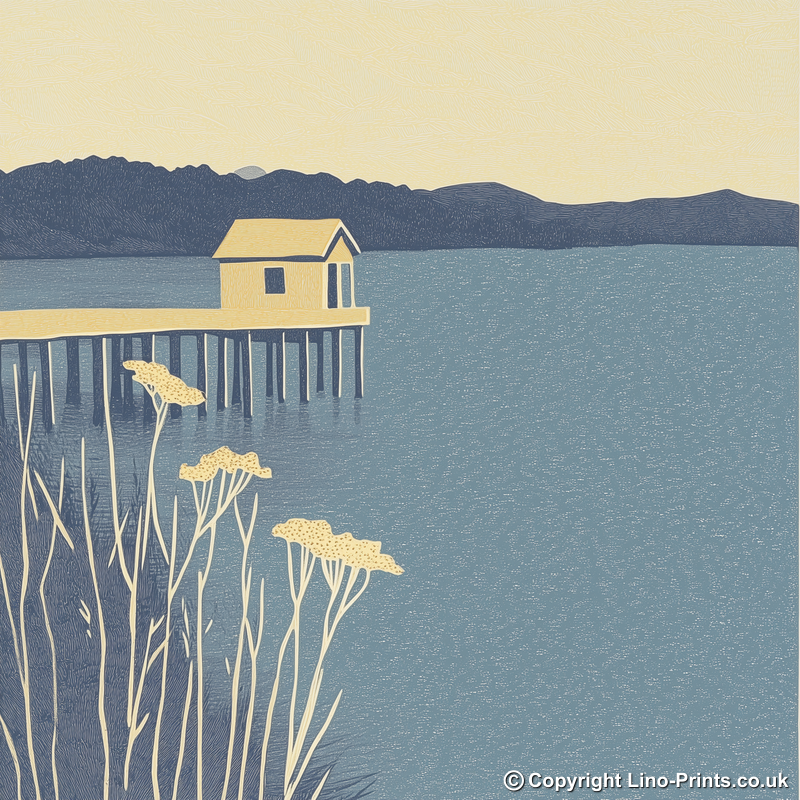 Boathouse silhouette on lake edge Linoprint-Style Art (2371-2)
