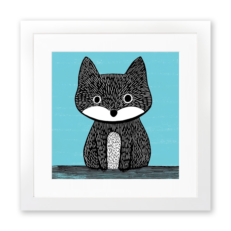Cute Arctic Fox Pup Linoprint-Style Art (607-2)