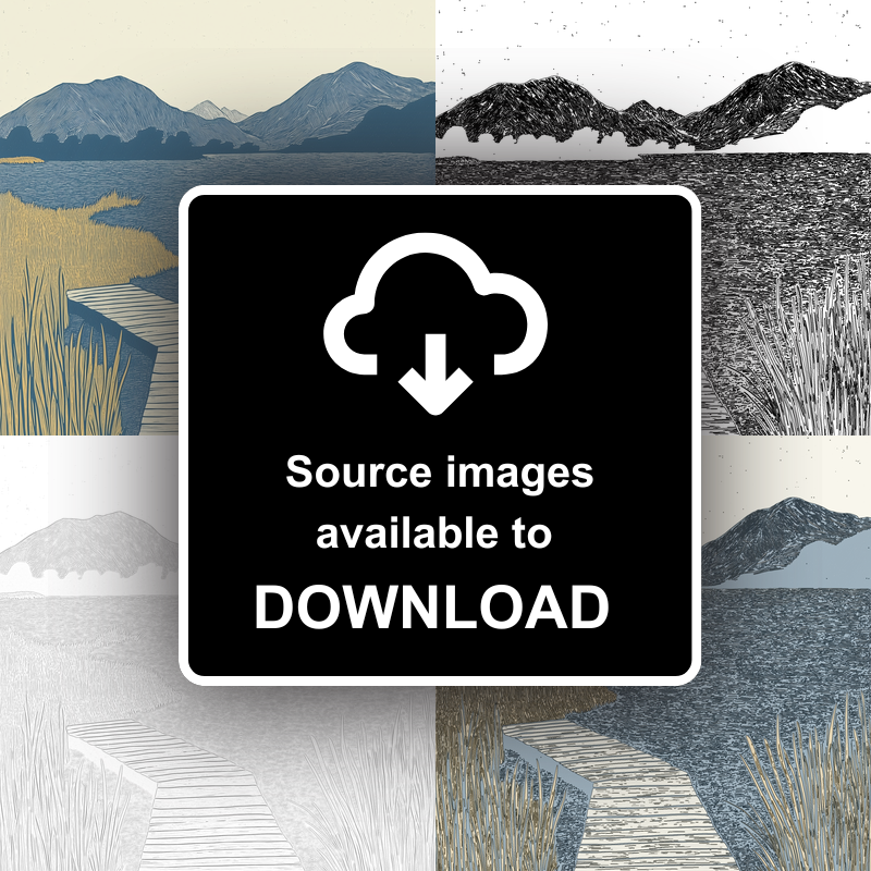 Derwentwater jetties and islands Linoprint-Style Art (2405-2)