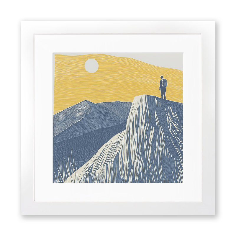 Hiker silhouette on a fell ridge Linoprint-Style Art (2454-1)