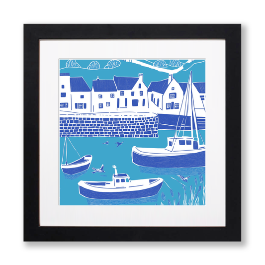 Brixham Harbour, Devon Linoprint-Style Art (1081-1)