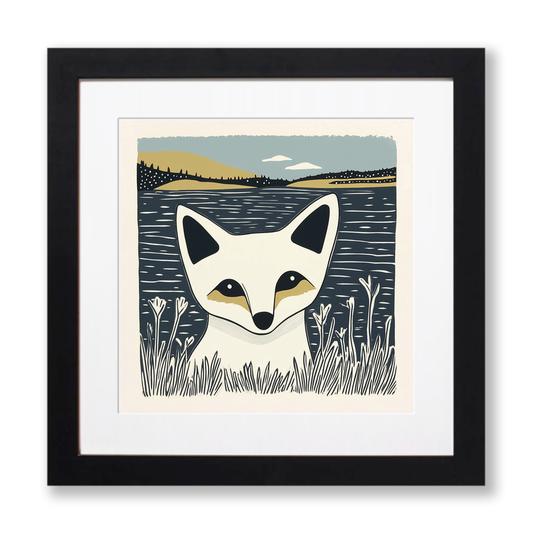 Cute Arctic Fox Pup Linoprint-Style Art (1189-1)