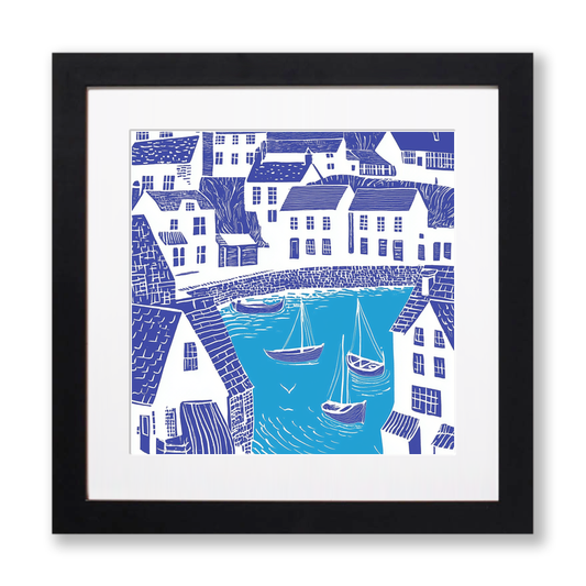 Polperro Harbour, Cornwall Linoprint-Style Art (1098-2)