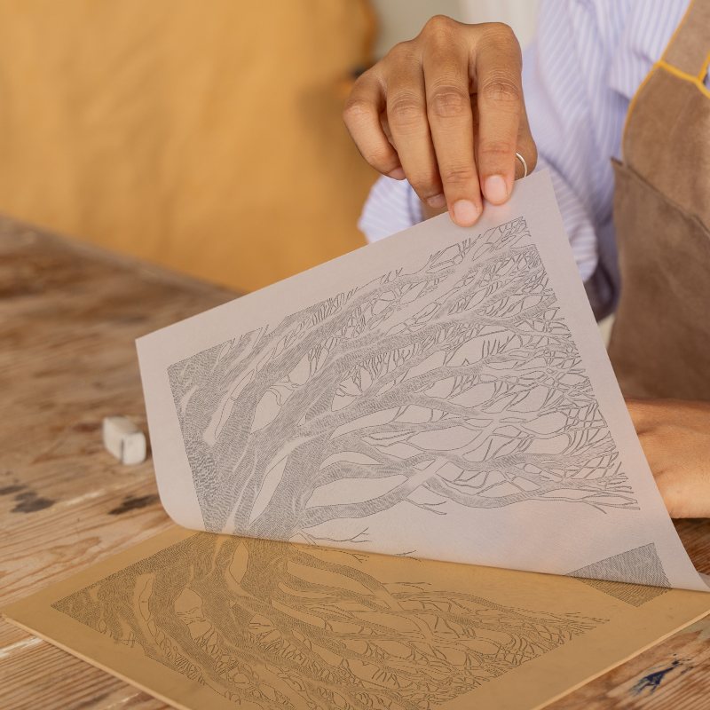 Bare winter tree branches silhouette Linoprint-Style Art (2359-1)