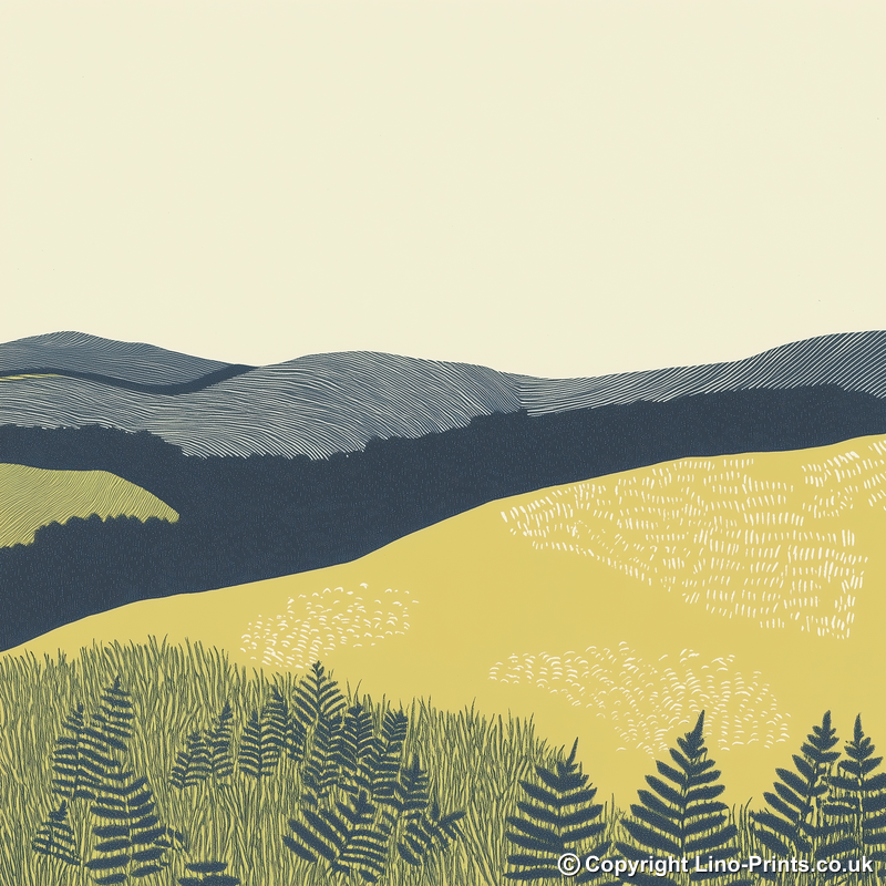 Bracken covered slopes Linoprint-Style Art (2376-1)