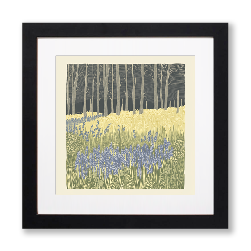 Bluebells in woodland Linoprint-Style Art (2366-2)