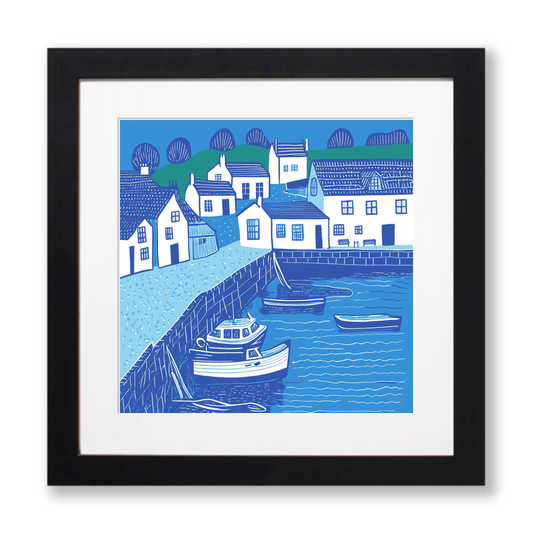 Mevagissey Harbour, Cornwall Linoprint-Style Art (1095-3)
