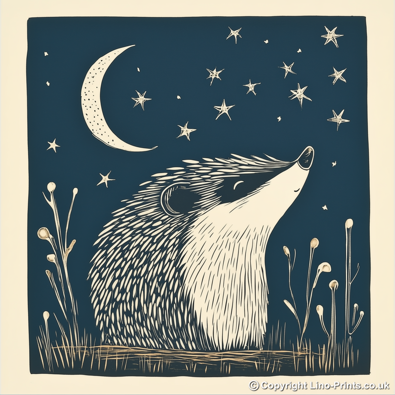 Cute Hedgehog Linoprint-Style Art (1208-1)