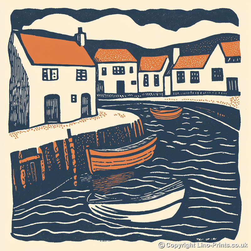 Broadland village with boat moorings Linoprint-Style Art (1964-1)