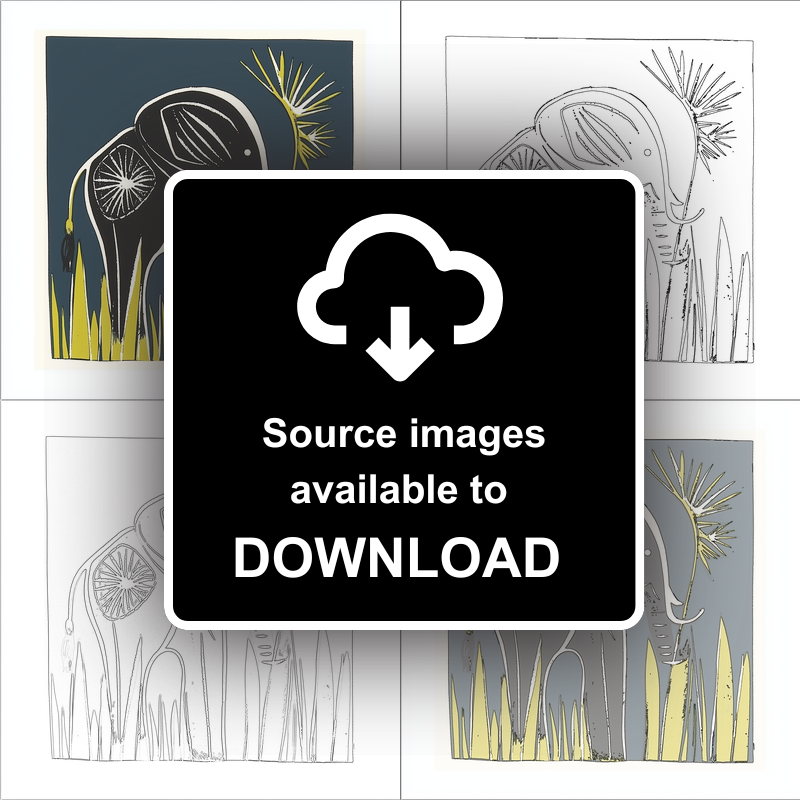 Cute Elephant Calf Linoprint-Style Art (1201-1)