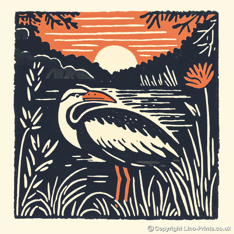 Heron in marshland Linoprint-Style Art (95-1)