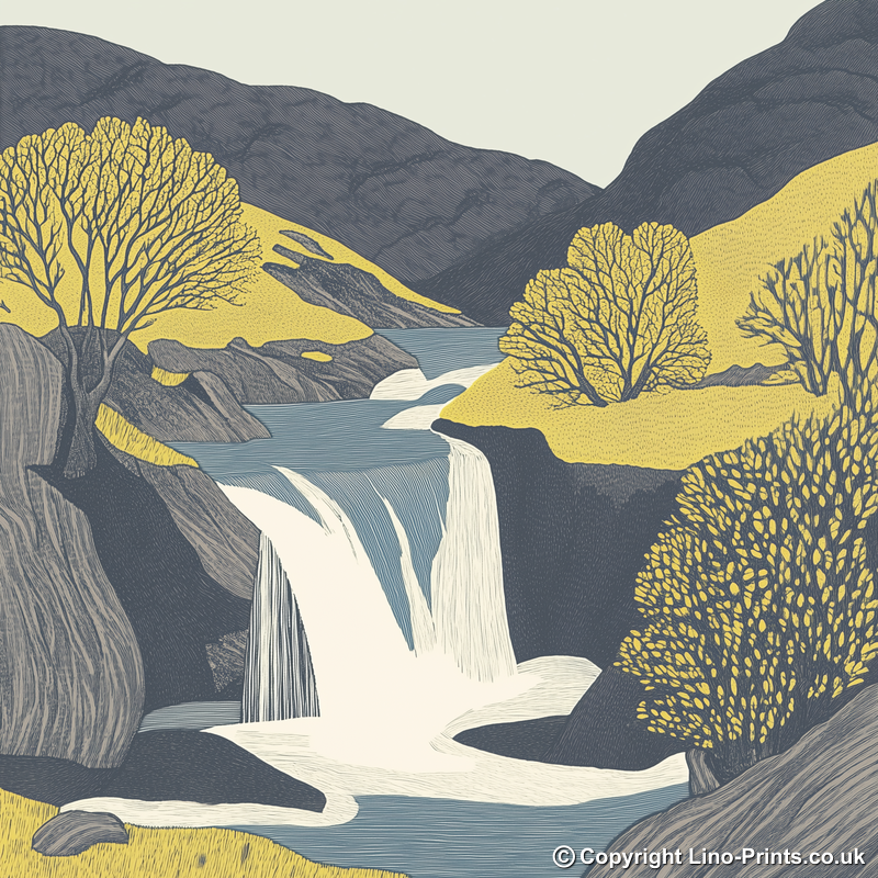 Stock Ghyll Force waterfall Linoprint-Style Art (2563-2)