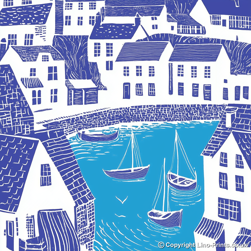 Polperro Harbour, Cornwall Linoprint-Style Art (1098-2)
