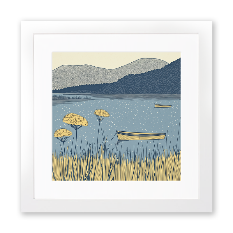 Windermere lake shore with boats Linoprint-Style Art (2604-2)
