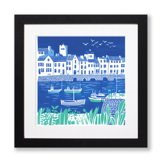 Tenby Harbour, Pembrokeshire Linoprint-Style Art (1112-2)