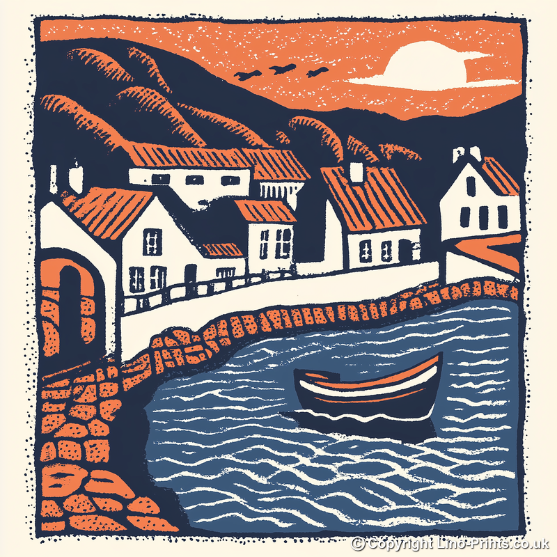 Aberdaron, Gwynedd Linoprint-Style Art (119-1)
