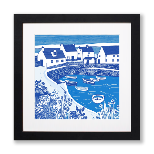 Craster Harbour, Northumberland Linoprint-Style Art (1086-2)