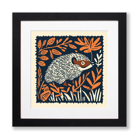 Hedgehog in autumn leaves Linoprint-Style Art (94-2)