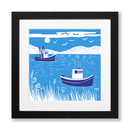 Fishing boats at sea Linoprint-Style Art (969-2)