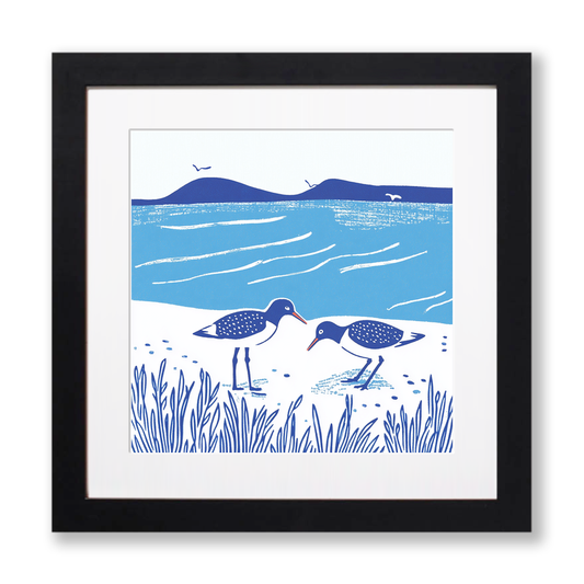 Redshanks feeding at the edge Linoprint-Style Art (1819-1)