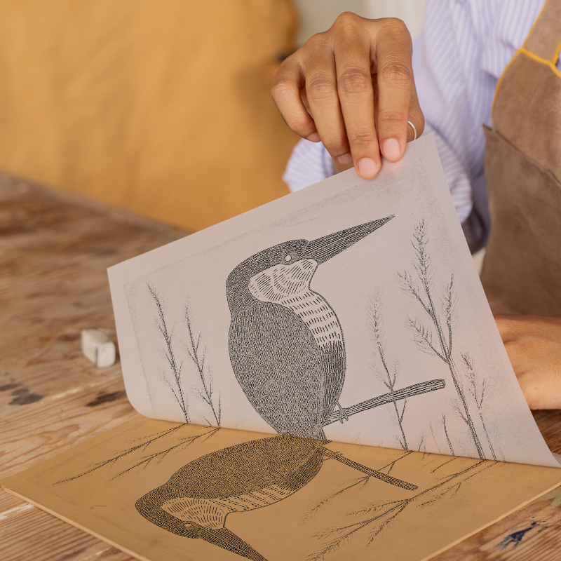 Kingfisher on a reed Linoprint-Style Art (720-1)