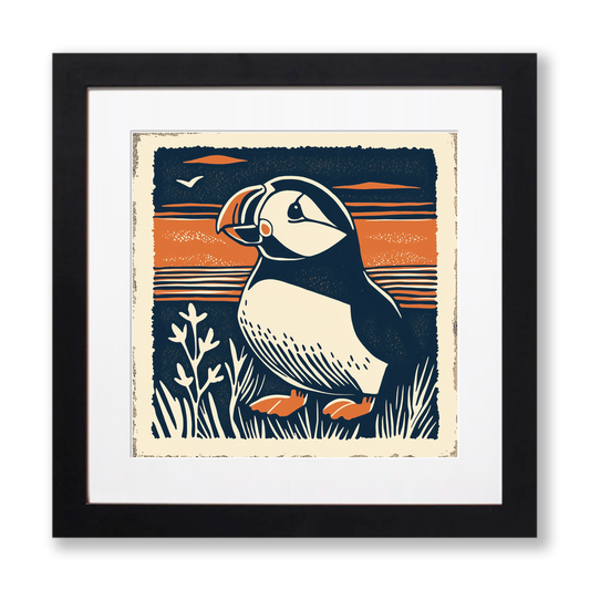 Cute Puffin/Puffling Linoprint-Style Art (73-1)