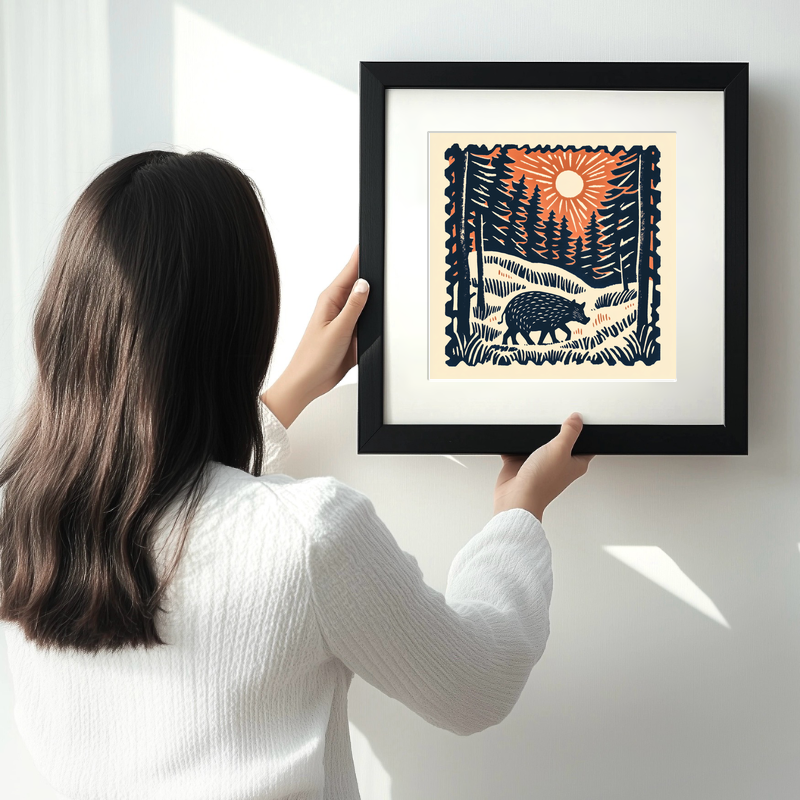 Wild boar in forest Linoprint-Style Art (117-2)