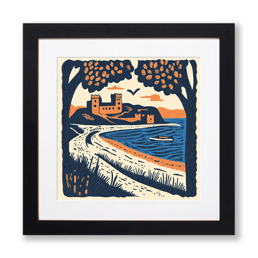 Bamburgh Beach and Castle, Northumberland Linoprint-Style Art (122-1)