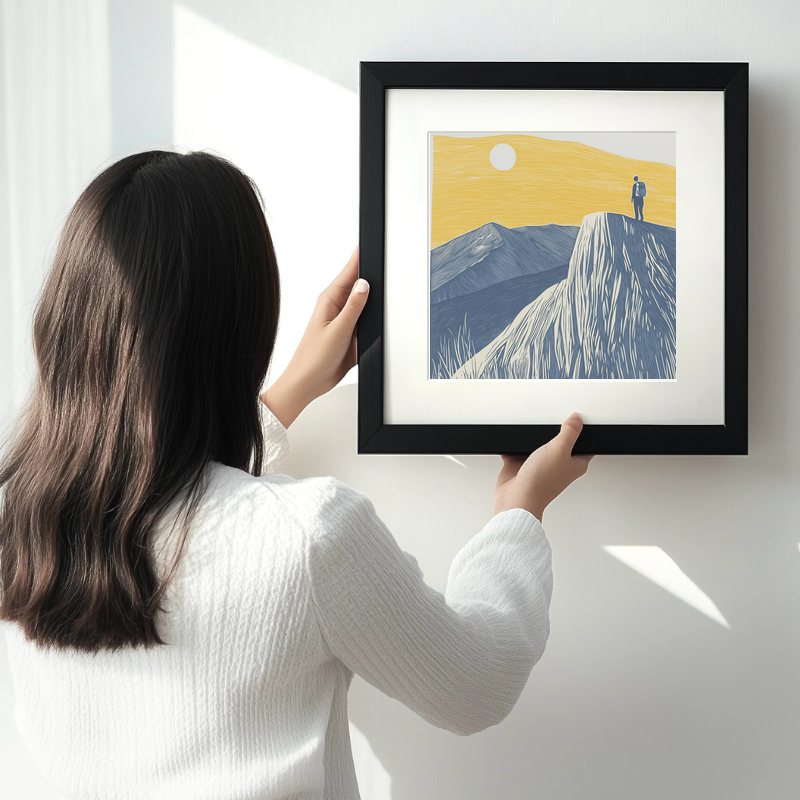 Hiker silhouette on a fell ridge Linoprint-Style Art (2454-1)