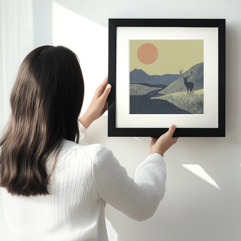 Stag silhouette on a ridge line Linoprint-Style Art (2559-3)